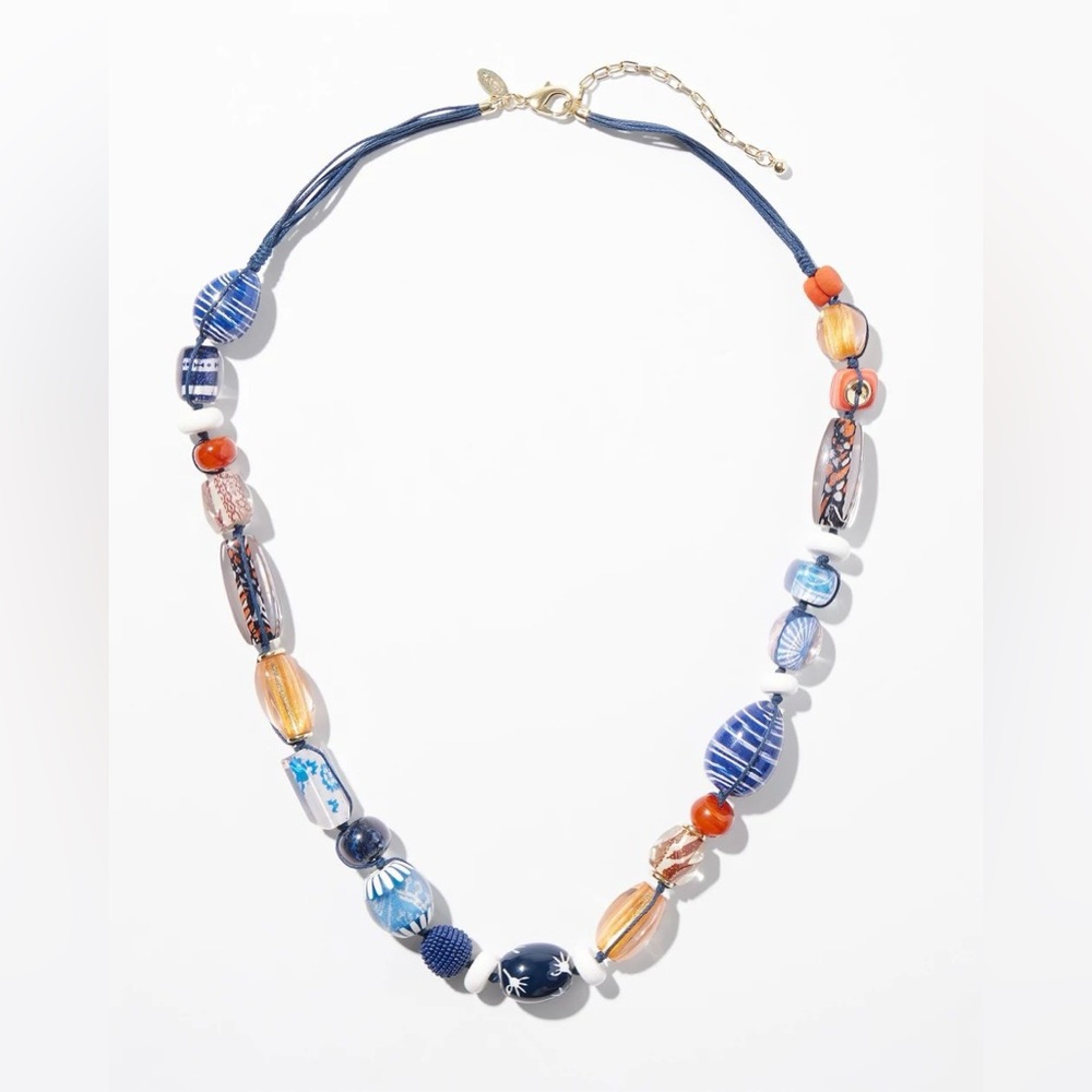 CHICO’S NEW Beaded Long Single Strand Necklace • Red White Blue Americana NWOT